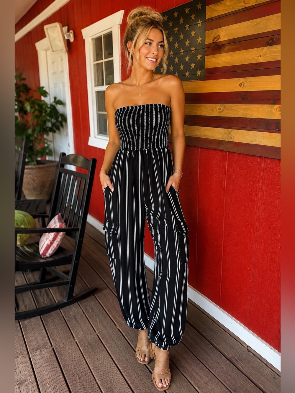 Derek Heart Black & White Striped Strapless Smocked Cargo Jumpsuit Size M